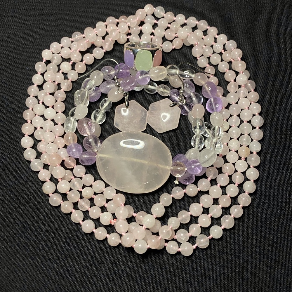 Rose Quartz and pastel stone jewelry bundle. Full set